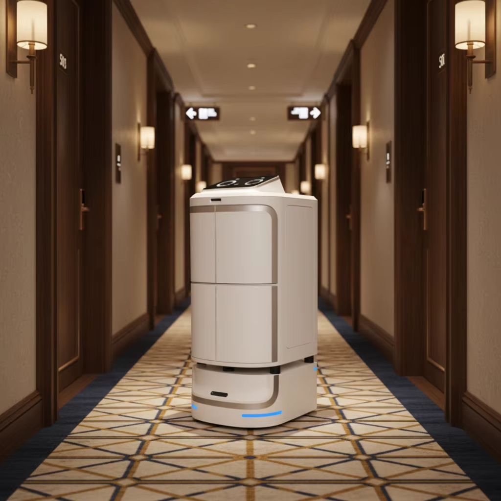 Robot de Entrega para Hoteles con IA, Navegación Autónoma e Integración con Ascensor para Servicio a la Habitación sin Contacto