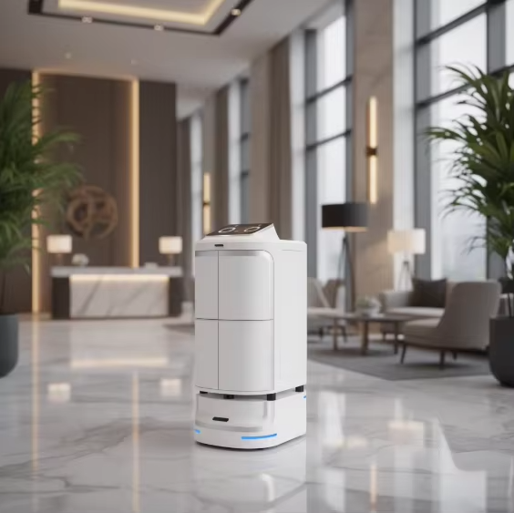 Robot de Entrega para Hoteles con IA, Navegación Autónoma e Integración con Ascensor para Servicio a la Habitación sin Contacto